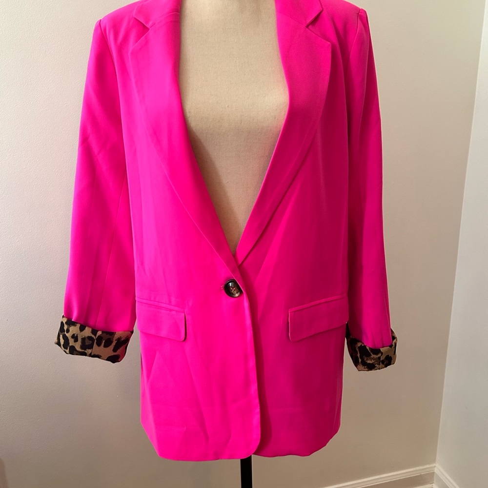 Vibrant Pink Women's Blazer with Leopard Accents